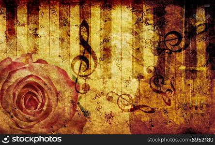 Vintage grunge background with rose and music notes.