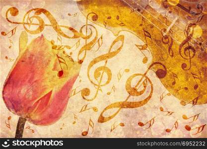 Vintage grunge background with tulip and music notes.
