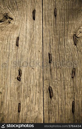 Vintage grunge wooden background door gate of the old castle detail with metal rusty nails.