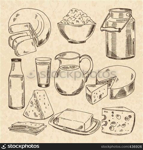 Vintage hand drawn illustrations of yogurt, cheeses and other fresh milk products. Collection of milk food, fresh cheese and dairy cream. Vintage hand drawn illustrations of yogurt, cheeses and other fresh milk products
