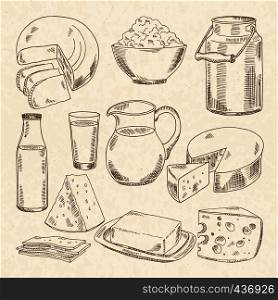 Vintage hand drawn illustrations of yogurt, cheeses and other fresh milk products. Collection of milk food, fresh cheese and dairy cream. Vintage hand drawn illustrations of yogurt, cheeses and other fresh milk products