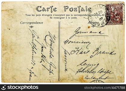 Vintage handwritten postcard letter with unreadable undefined text. Used paper texture background