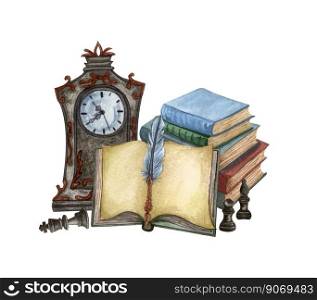 Vintage illustration isolated on white. Hand Drawn watercolor composition of ink feather, rare clock, open book, old books. Antique objects on white background.. Vintage illustration isolated on white. Hand Drawn watercolor composition of ink feather, rare clock, open book, old books. Antique objects on white