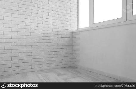 Vintage interior of white brick wall and old wooden floor. Empty vintage room