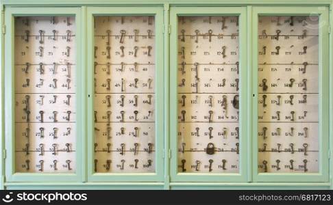 Vintage keys with numbers hanging in an old closet
