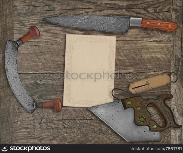 vintage kitchen knives and utensils over wooden board board, blank card for your text