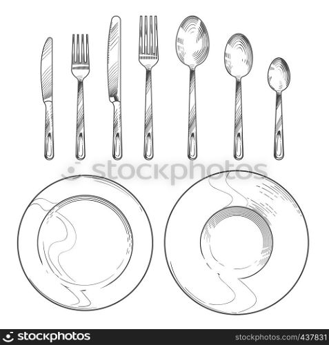 Vintage knife, fork, spoon and dishes in sketch engraving style. Hand drawing tableware isolated vector set. Knife and fork, spoon and cutlery for dinner illustration. Vintage knife, fork, spoon and dishes in sketch engraving style. Hand drawing tableware isolated vector set