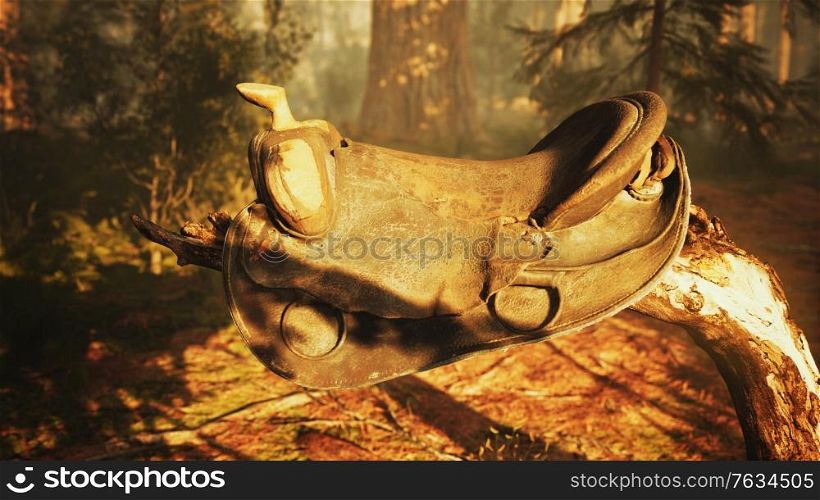 vintage Leather horse saddle on the dead tree in forest at sunset