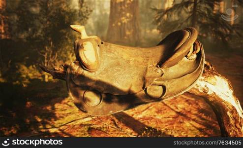 vintage Leather horse saddle on the dead tree in forest at sunset