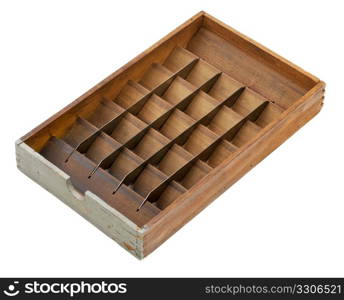 vintage letterpress matrix sort box, wood with metal dividers and bins, isolated on white - sorting or classifying concept