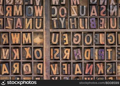vintage letterpress wood type printing blocks in a grunge typesetter drawer