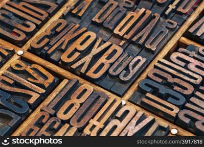 vintage letterpress wood type printing blocks in a typesetter drawer