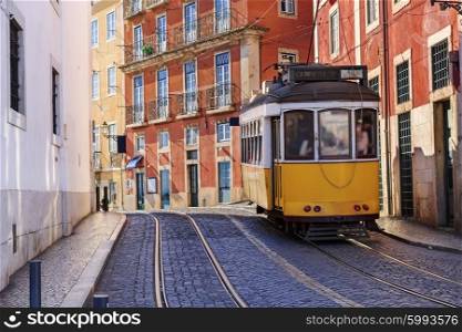 Vintage Lisbon tram on city street, sunny day, Portugal&#xA;