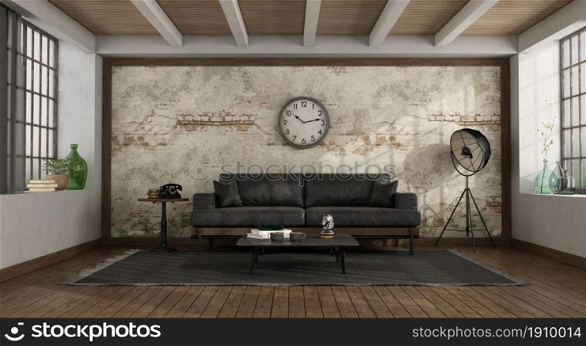 Vintage living room with black sofa,floor lamp, wooden ceiling and old brick wall - 3d rendering. Vintage living room with black sofa against old wall