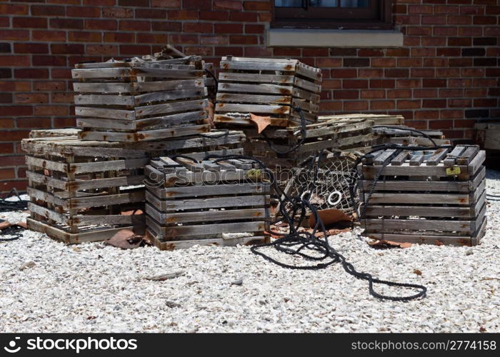 Vintage lobster traps on the shore