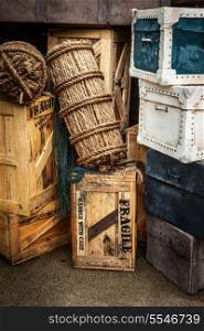 Vintage luggage bags, crates, boxes, suitcases