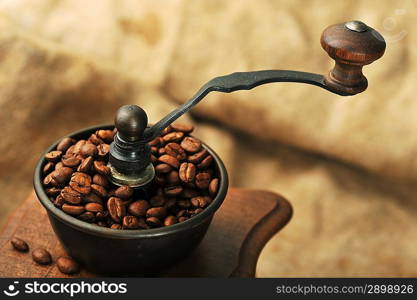 Vintage manual coffee grinder with coffee beans isolated