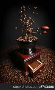 Vintage manual coffee grinder with falling coffee beans