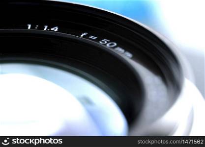 Vintage manual focus lens. Standard lens. Vintage analog photographic equipment with shallow depth of field.