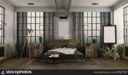Vintage master bedroom with retro double bed in a loft - 3d rendering. Master bedroom with double bed in a loft