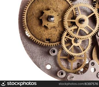 Vintage mechanical watches mechanism isolated on white. Mechanical watches close up