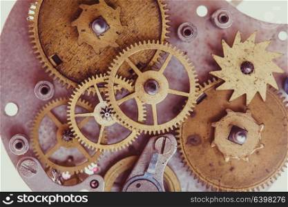 Vintage mechanical watches mechanism isolated on white. Mechanical watches close up