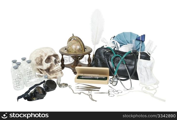 Vintage medical items on a desk including medical bag and skull - path included