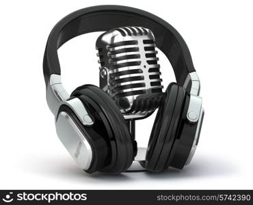 Vintage microphone and headphones. Concept audio and studio recording. 3d