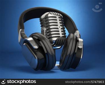 Vintage microphone and headphones on blue background. Concept audio and studio recording. 3d