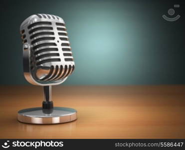 Vintage microphone on green background. Retro style. 3d