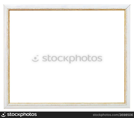 vintage narrow white picture frame with cutout canvas isolated on white background