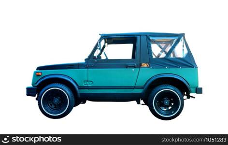 vintage offroad blue car isolated over white background