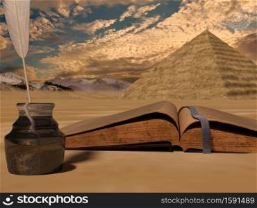 Vintage old book on desert background with pyramid - 3d rendering. Vintage old book on desert background with pyramid