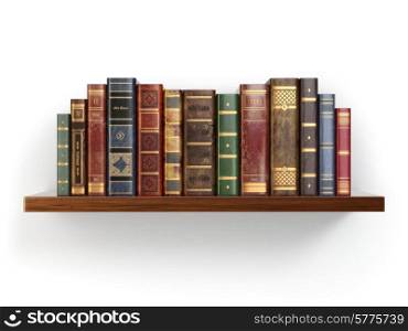 Vintage old books on shelf isolated on white. 3d