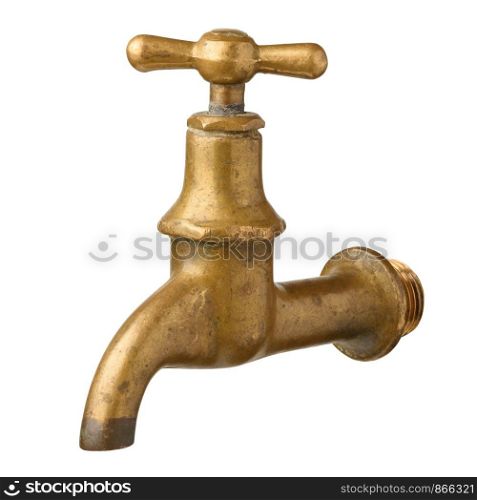 Vintage old brass water tap isolated on white