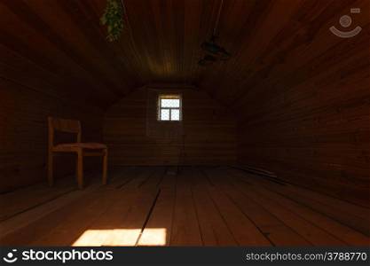 Vintage old chair in wooden interior. Perspective view