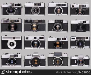 vintage old film camera collection isolated on gray background
