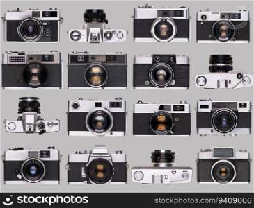 vintage old film camera collection isolated on gray background