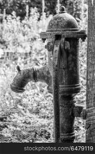 Vintage old rusted water pump in abandoned garden setting. Vintage old rusted water pump in abandoned garden in black and white