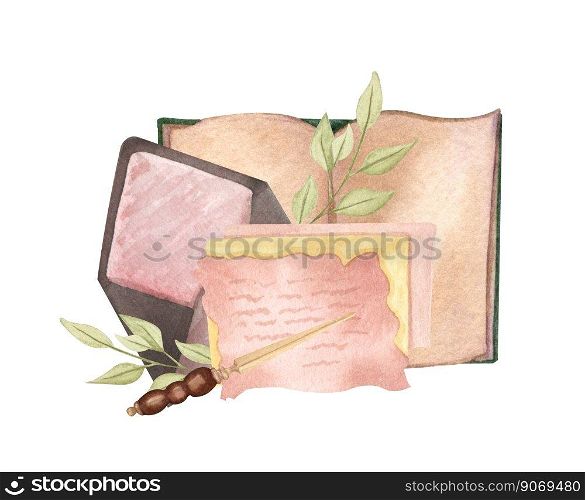 Vintage paper background isolated on white. Hand Drawn watercolor illustration open book, floral twigs, letters. Antique objects on white background.. Vintage paper background isolated on white. Hand Drawn watercolor illustration open book, floral twigs, letters. Antique objects on white background