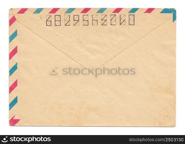 Vintage paper envelope back side, closed, isolated on white, par avion