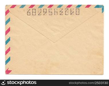 Vintage paper envelope back side, closed, isolated on white, par avion