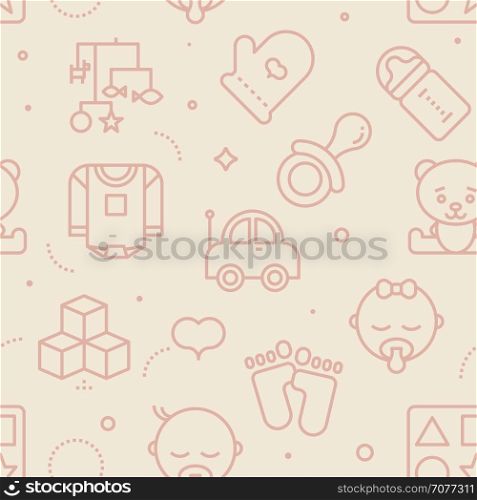 Vintage pastel color seamless baby pattern. Baby line icons illustration background.
