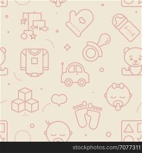 Vintage pastel color seamless baby pattern. Baby line icons illustration background.