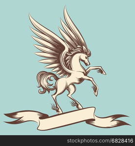 Vintage Pegasus with wings and ribbon. Hand drawn vintage Pegasus with wings and ribbon banner. Vector illustration