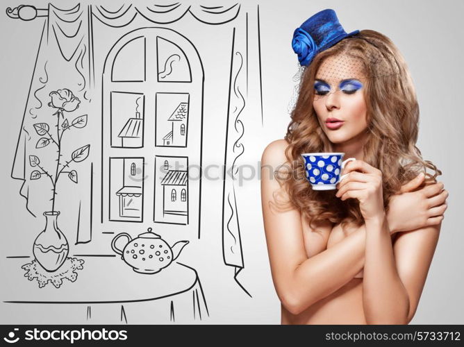 Vintage photo of a beautiful nude girl in a retro hat drinking tea at a mad tea party on sketchy background.