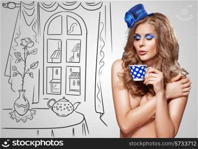 Vintage photo of a beautiful nude girl in a retro hat drinking tea at a mad tea party on sketchy background.