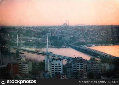 Vintage photo of Istanbul skyline at sunset, Turkey