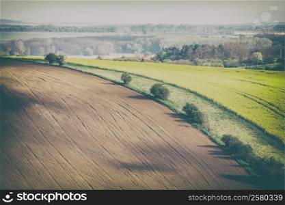 Vintage photo of rolling hills and green grass fields at sunny evening