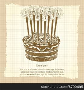 Vintage poster with birthday cake. Vintage poster with hand drawn birthday cake and candles. Vector illustration